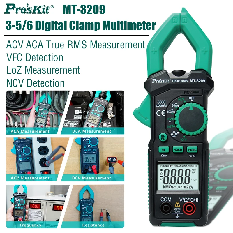Pro'sKit MT-3209 Digital Clamp Meter AC DC Ammeter Pliers NCV True RMS Clamp Multimeter HVAC Tools Electrician Multi Tester