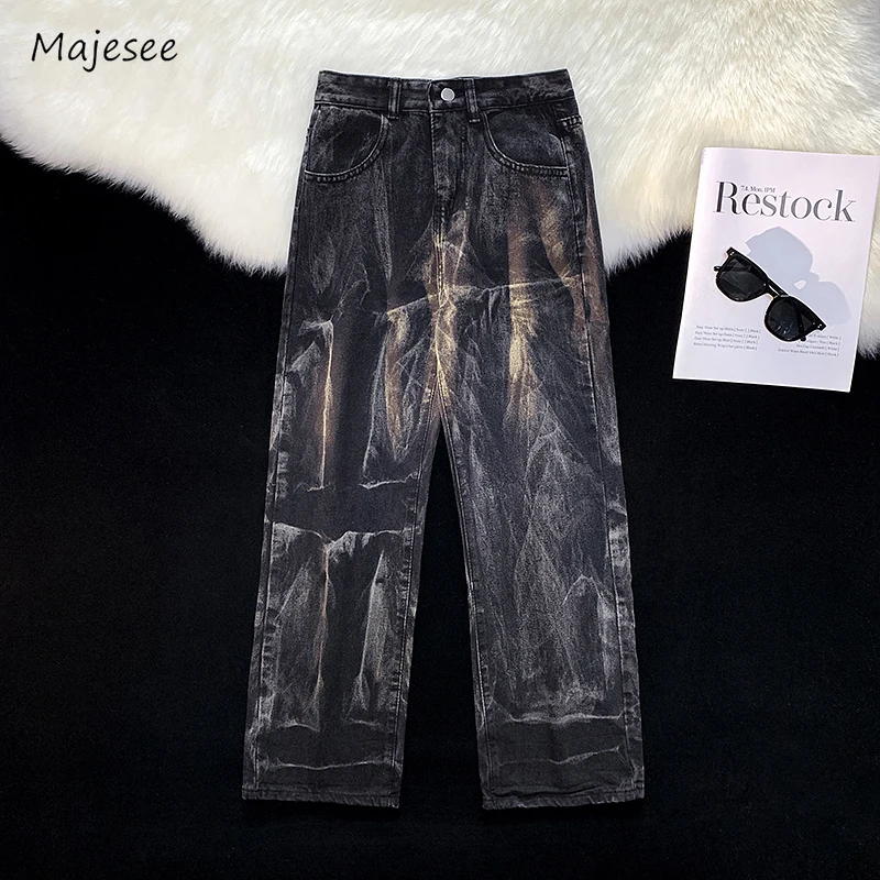 Washed Jeans Men Panelled  Do Old Loose Wide Leg Retro American Style Hip Hop High Street Asymmetrical Handsome Unisex