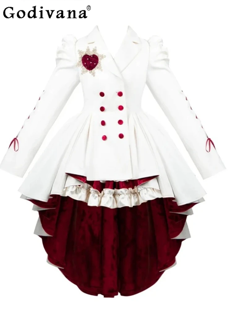 

Autumn Lolita Elegant Red Fishbone Strapless Slim Ruffles Cake Princess Dress Girl Long Sleeve Irregular Fashion Pleated Jacket