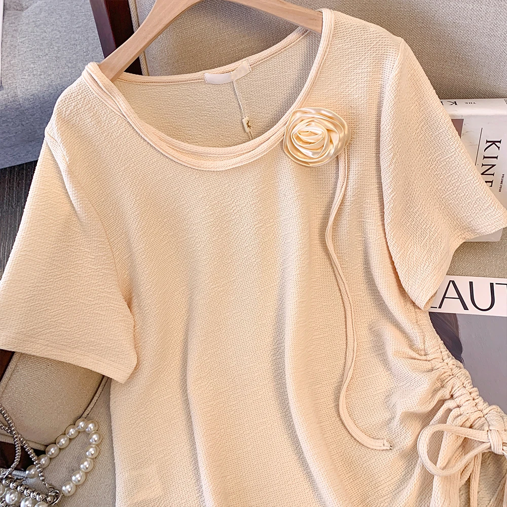 Plus-size women's summer casual commute loose and comfortable T-shirt apricot round neck drawstring rose short-sleeved top large