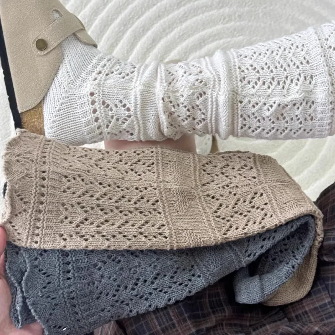 3pairs Autumn Winter Cotton Knitted Mid-Calf Socks Hollow Fashion Cozy Leg Socks Cover for Women Girls Home Wear Long Stocking