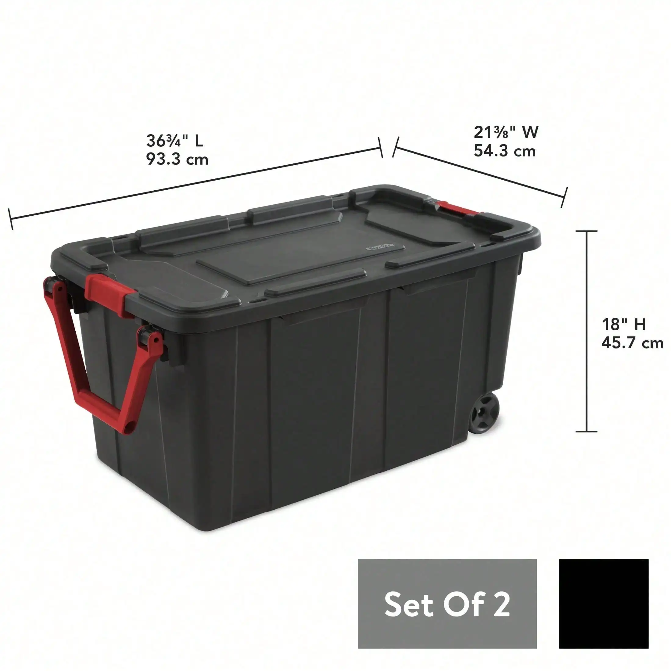 2 Pcs 40 Gallon Wheeled Storage Bin Heavy Duty Plastic Storage Container With Red Pull Handle & Latching Lid Extra Large Industrial Tote Trunk Box For Garage Basement Storage Moving Gift