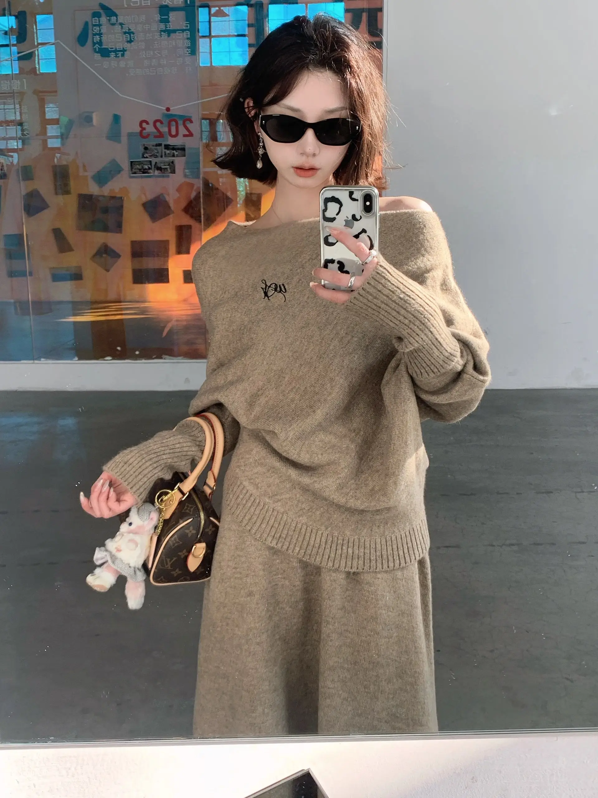 Spring Fashion Knitted High Waist Two-Piece Set Women's Long Sleeve Shoulder Bared Outfit Comfortable Quality Polyester