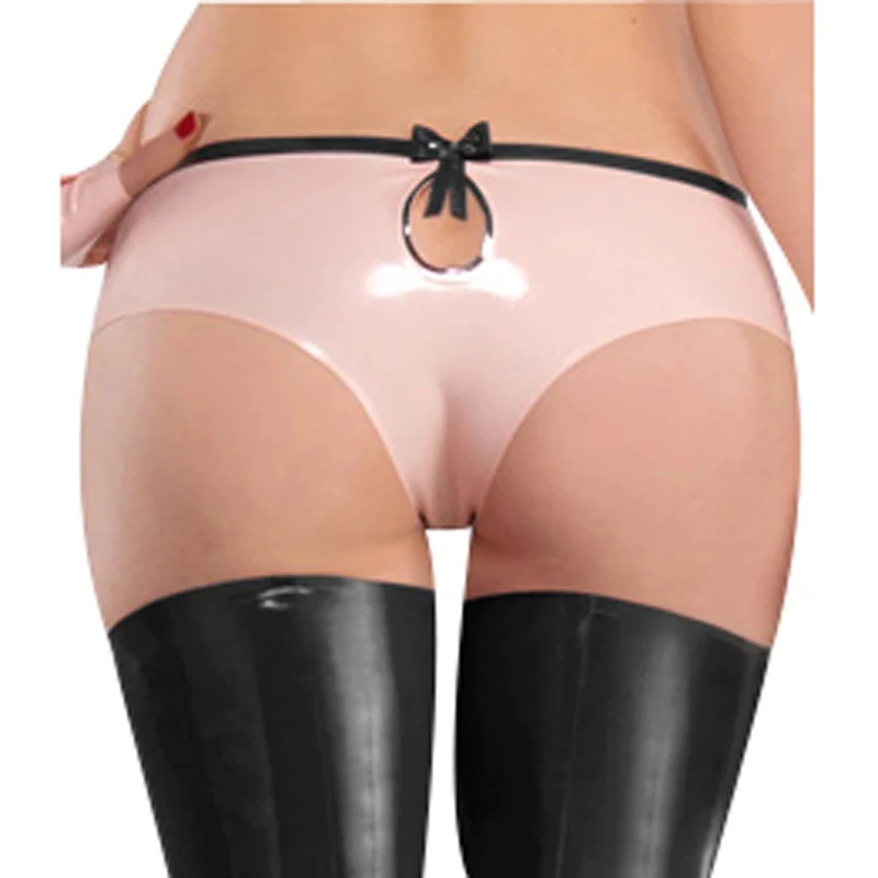 

Latex Rubber Gummi Sexy Bikini Short Pants Baby Pink with Black Sweet Underwear Customized .04mm