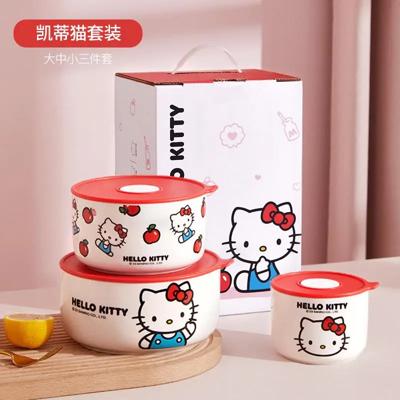 3Pcs Hot Miniso Kawaii Student Multi-Layer Fresh Rice Bowl Suit Hello Kitty Cartoon Portable Office Workers Ceramics Lunch Box