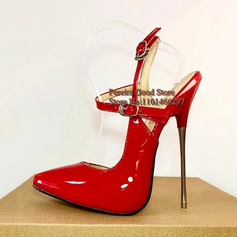 

16cm Metal Heels Slingback Pumps Patent Leather Buckle Strap Pointed Toe Female Footwears Red Black Purple Leather Dress Shoes