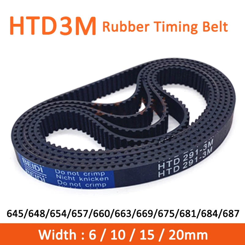 Correa de distribución HTD3M, 645/648/654/657/660/663/669/675/681/684/687/mm de ancho, 6/10/15/20mm, 1 unidad paso 3mm