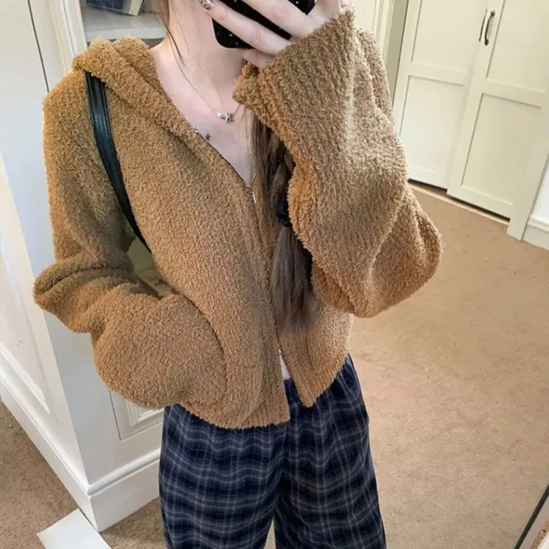 

Осень/зима 2022, новый стиль, удобный и свободный меховой свитер на молнии с длинными рукавами и капюшоном, пальто, вязаный кардиган