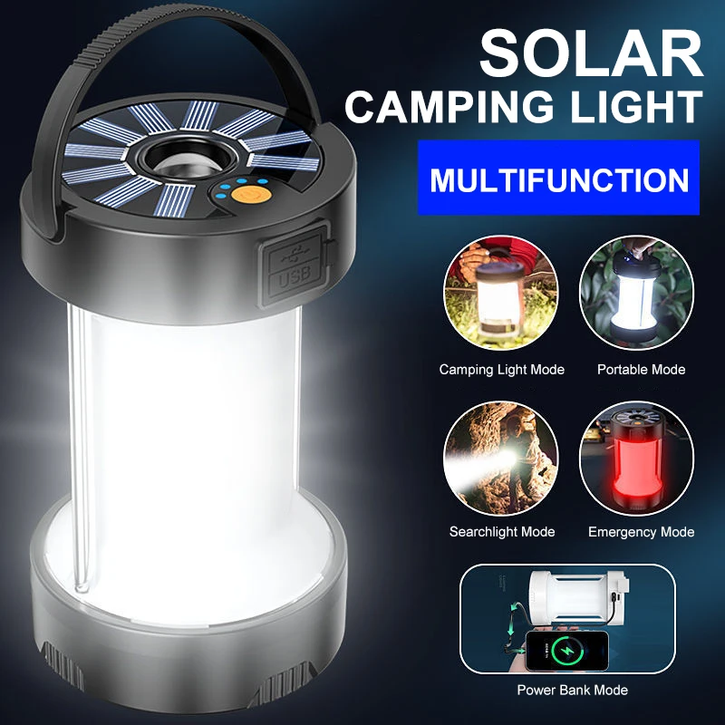 

Outdoor Solar Camping Light USB Rechargeable LED Powerful Flashlight Waterproof Emergency Work Lamps Multifunction Tent Lanterns