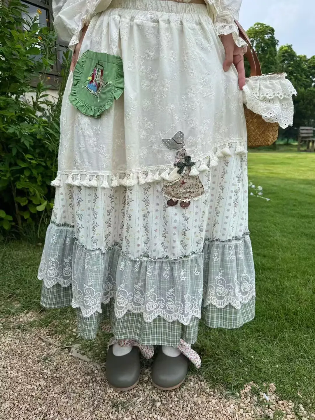 

Spring Autumn Japanese Sweet Mori Girl Embroidery Vintage Patchwork Skirt Women Elastic Waist Loose A-Line Cotton Skirts