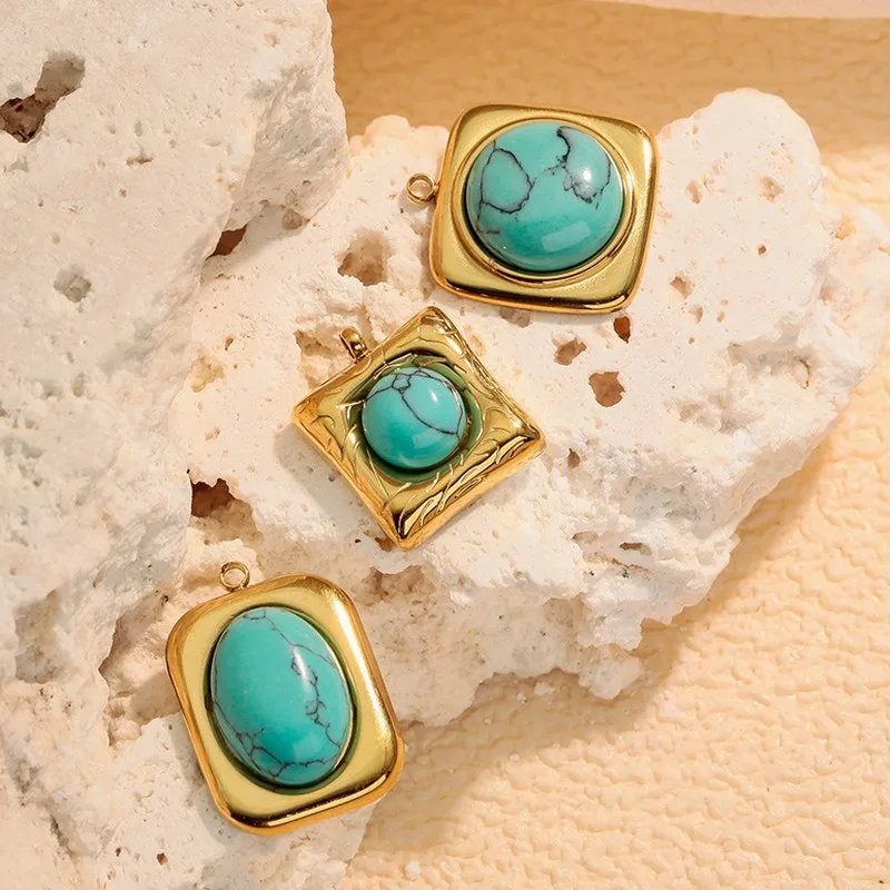 Oval Natural Stone Blue Turquoise 18K Stainless Steel Pendant Necklace DIY Vacuum Plated Jewelry Accessory