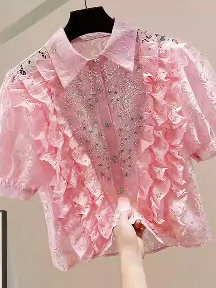 Fungus edge splicing design cavo industria pesante perline per unghie intarsiate con diamanti con paillettes risvolto camicia corta monopetto in pizzo