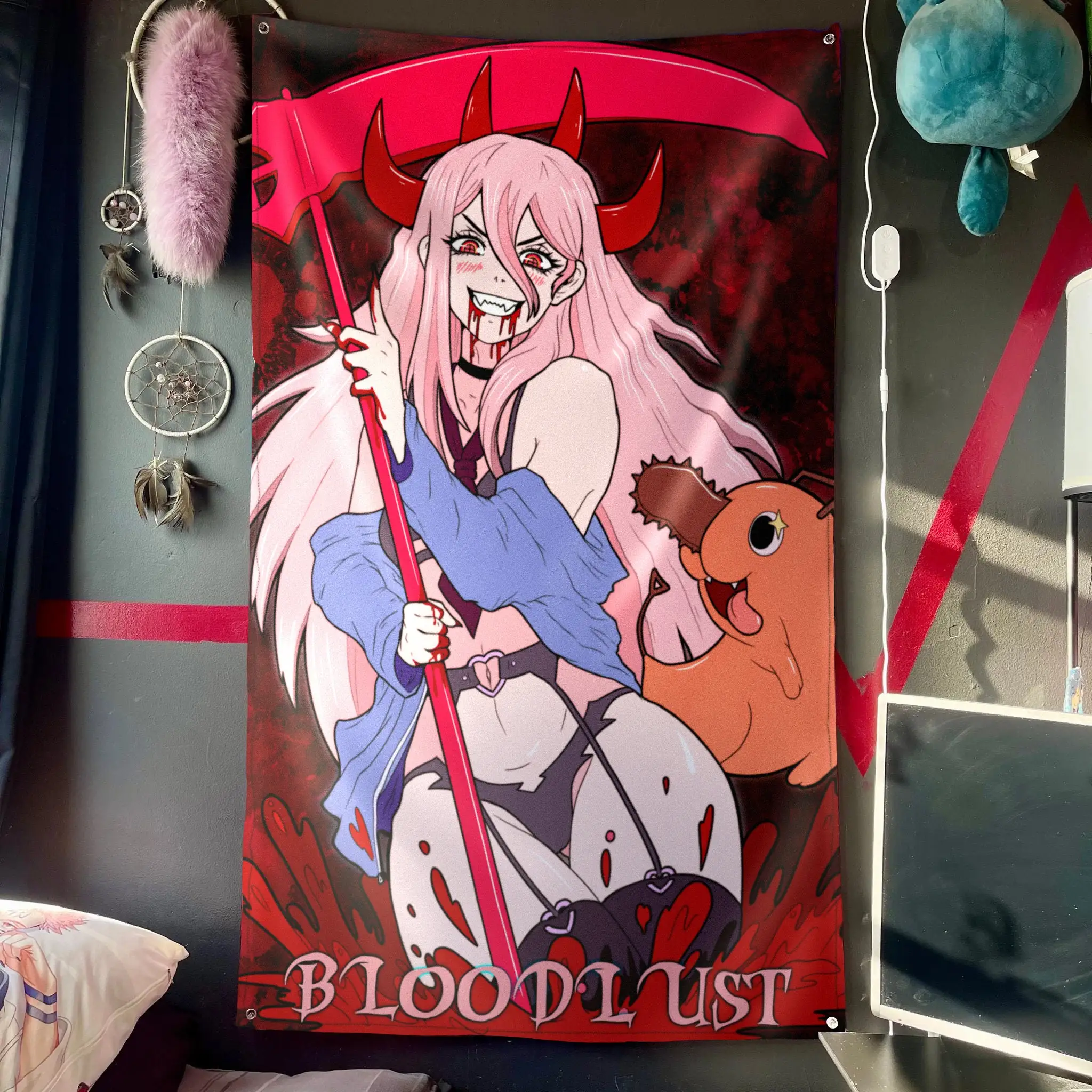 Chainsaw Man Power & Pochita Bloodlust Wandteppich – japanischer Anime-Wandbehang, ideal für Schlafzimmer und Chainsaw Man-Fan-Sammlungen
