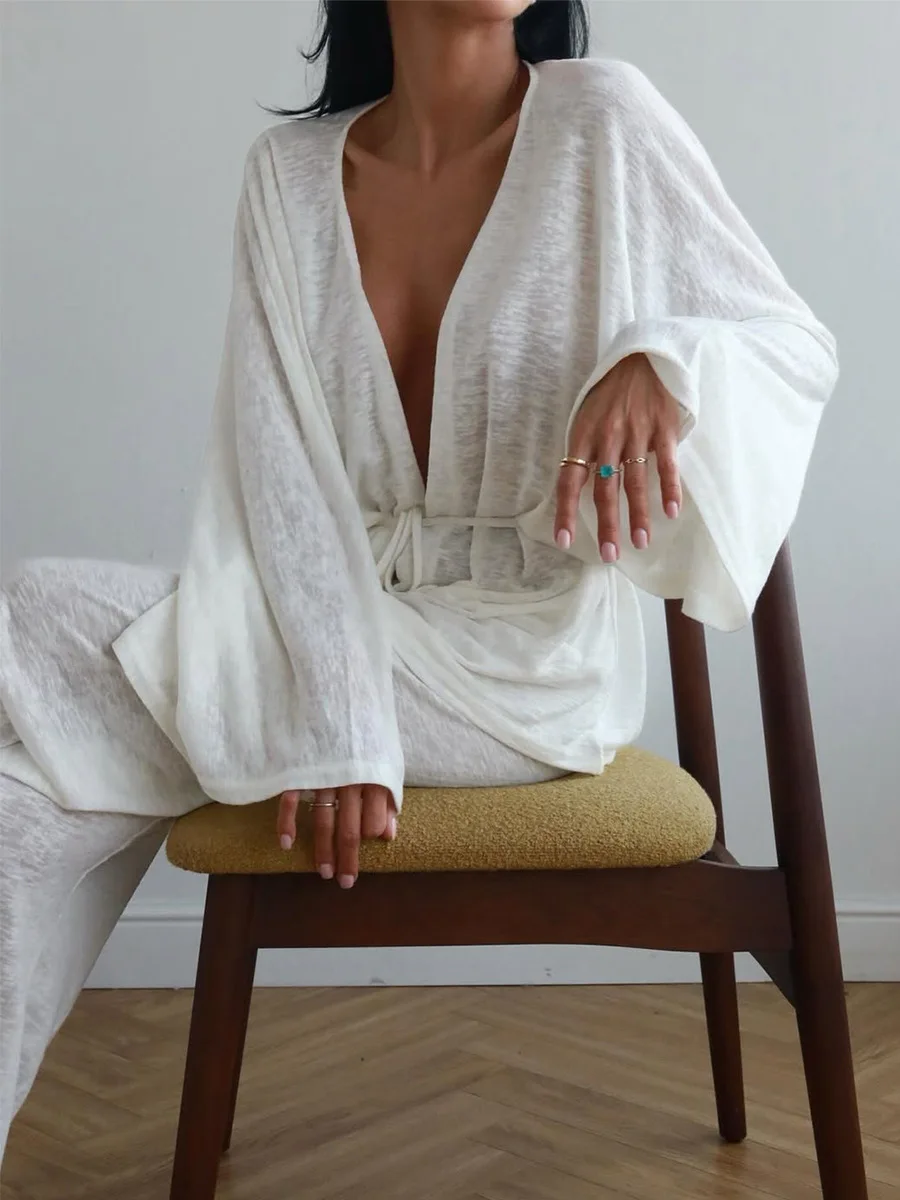 

LIinar Long Sleeved Pants Pajama Set Woman Autumn Winter New Solid Color Loose Casual Home Clothing 2-Piece Set