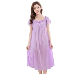 Women Pajamas Short Sleeves Lace Patchwork Loose Sleeping Dress for Adult Pleated Lightweight Night Gown