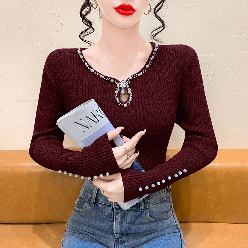 

Elegant Fashion Round Neck Knitted Sweater Long Sleeved Beaded Pullovers Tops New Korean Casual Women Knitwear