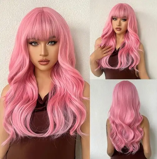 

Synthetic Wigs for White Women Lolita Cosplay Use Long Pink Wavy Wig with Bangs Heat Resistant Wigs Natural Looking