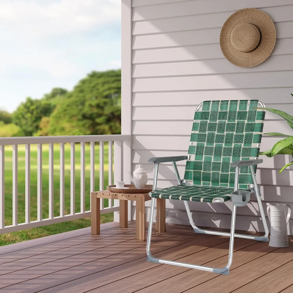 

Folding Webbed Oversized Lawn Chairs with Detachable Cup Holder, 300 LBS High Beach Chair for Adults Heavy Duty, Portable