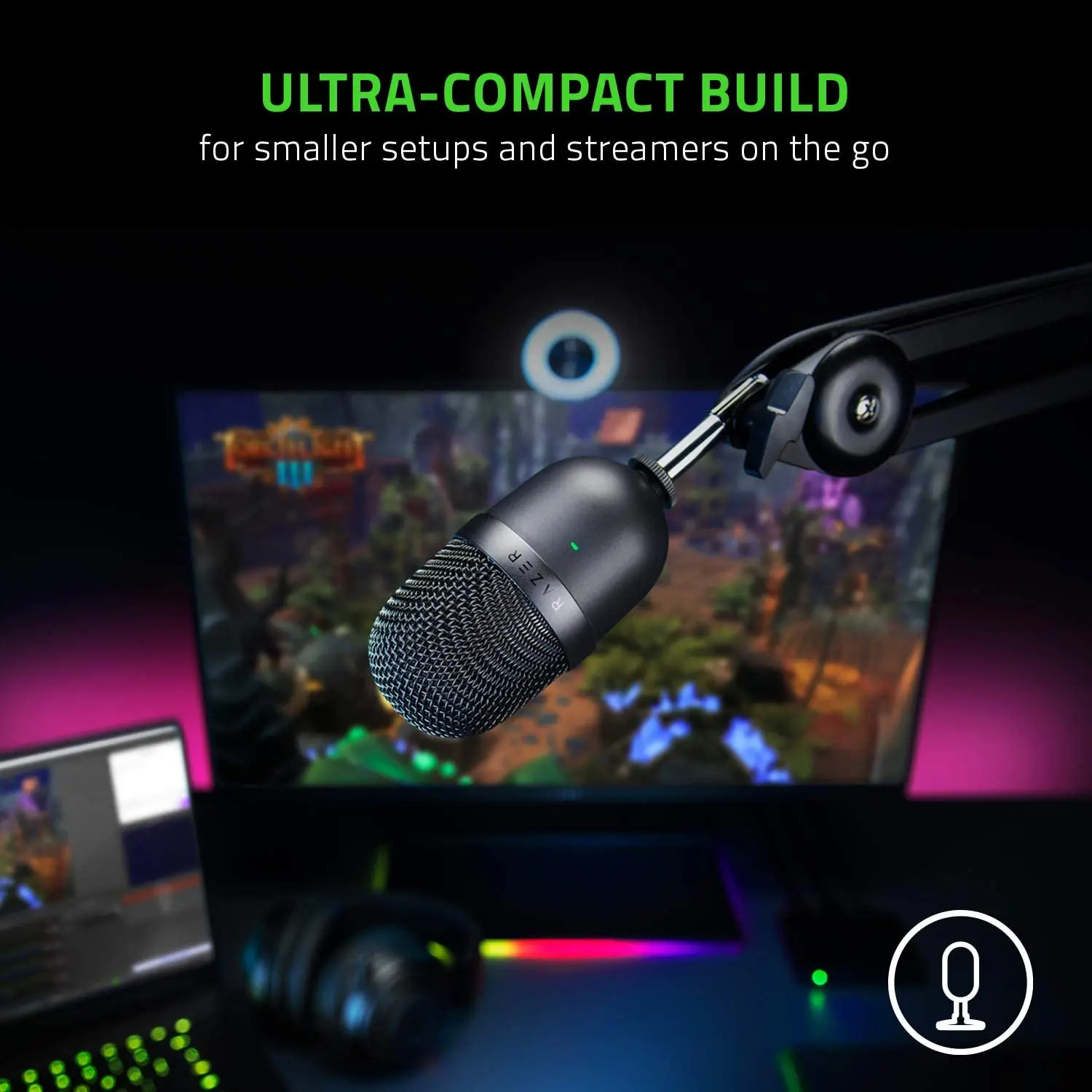 ميكروفون أصلي بمكثف USB صغير من Razer Seiren، ميكروفون بث مدمج للغاية مع نمط لاقط فائق القلب