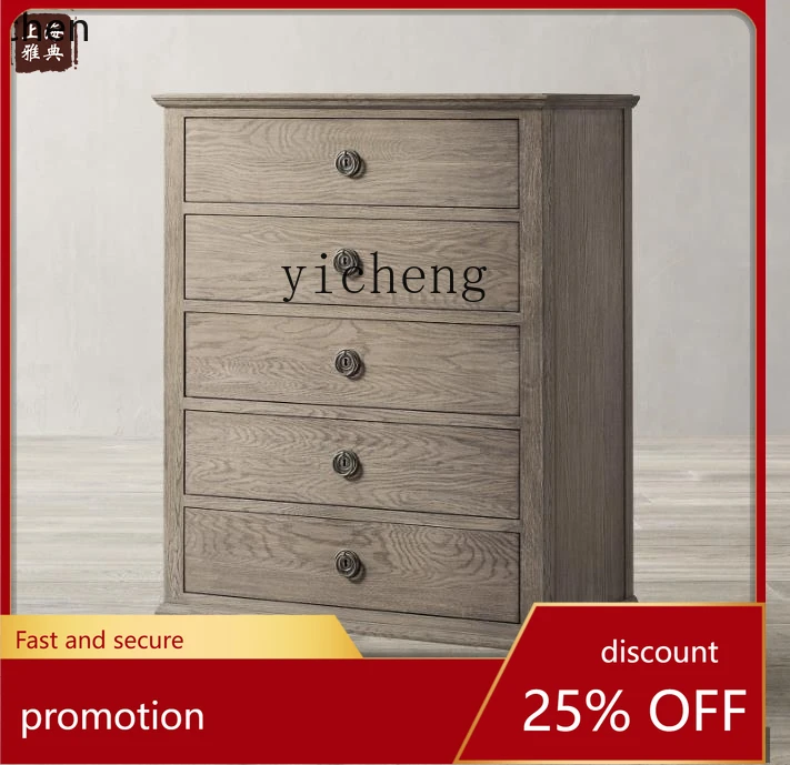 YFY Solid Wood Vintage Chest of Drawers Bedroom Five-Bucket Locker Beautiful Retro Style Sideboard Oak Furniture