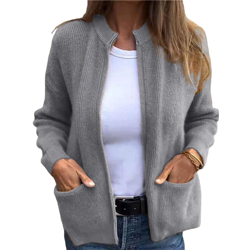 

ABZV-Женский вязаный кардиган на молнии с длинными рукавами и воротником-стойкой, свитер, верхняя одежда, пальто с карманами