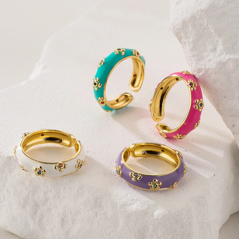 Fresh Design Enamel 7 Candy Colors Oil Dripping Flower Shape Bohemian Adjustable Ring For Women Girls Party Wedding Jewelry