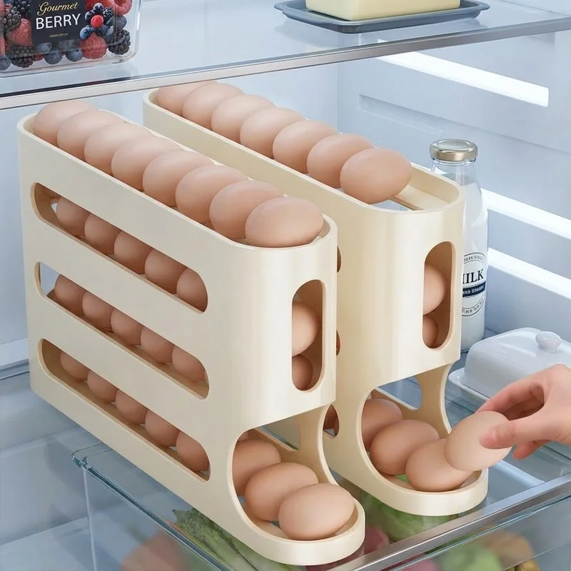 2-4 Tier Egg Storage Box, Ladder Style Automatic Rolling Egg Dispenser, Space-Saving Refrigerator Side Door Organizer
