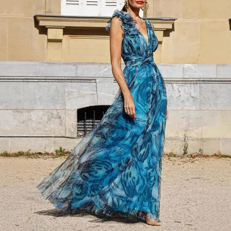 

In The Summer of 2025, The New Women's Bohemian Holiday Style Printed Big Swing Skirt Elegant Temperament Casual Dress Lady