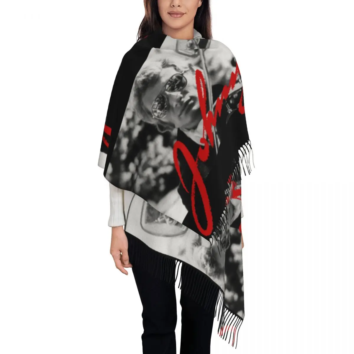 Retro Vintage Johnny Hallyday Shawl Wraps Women Winter Large Long Scarf Rocker Tribute Pashmina Tassel Scarves