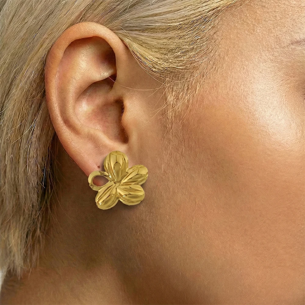 Trendy Stainless Steel Hammered Texture Petal Earrings INS Pleated Design Explosive Exaggerated Metal for Party Occasions