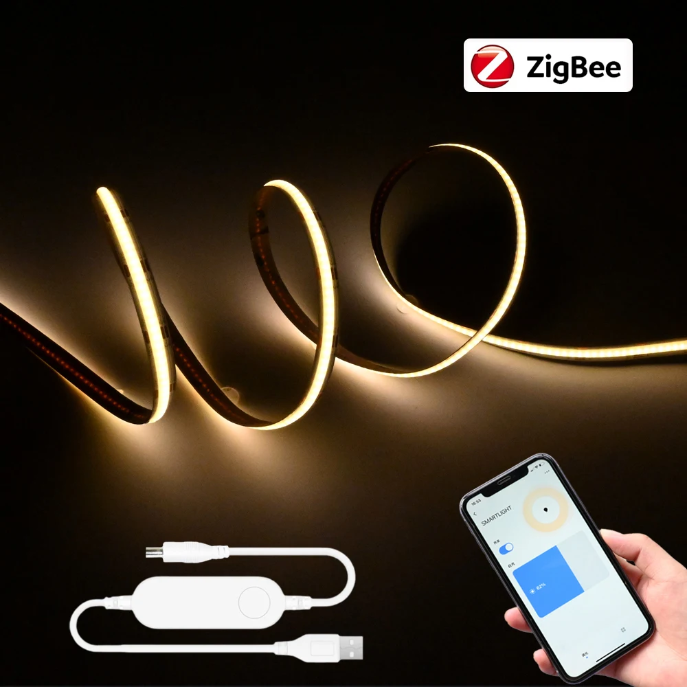 

USB Tuya Zigbee COB LED Strip 5V 1m 2m Warm Natural white Dimmable Tape Lamp Night Light Room Decor For Alexa Google SmartThings