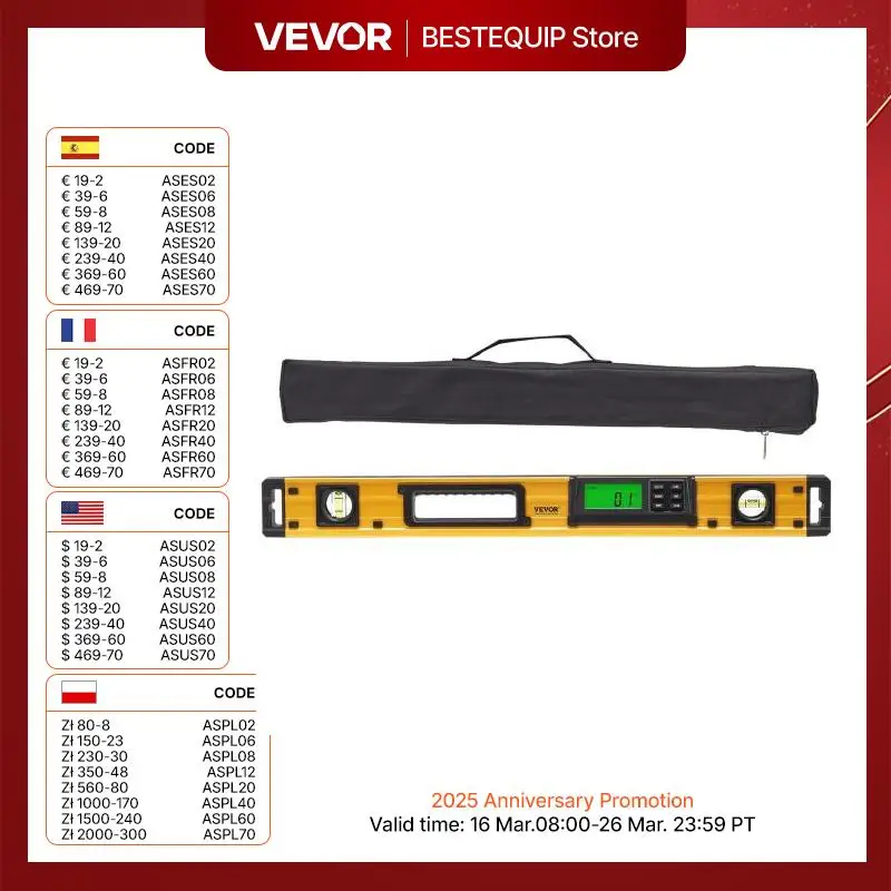 VEVOR Magnetic Torpedo Level 600mm LED Backlit Screen Mechanical Bubble Vials Ruler for 0-360 Degree Gravity Sensor Leveler