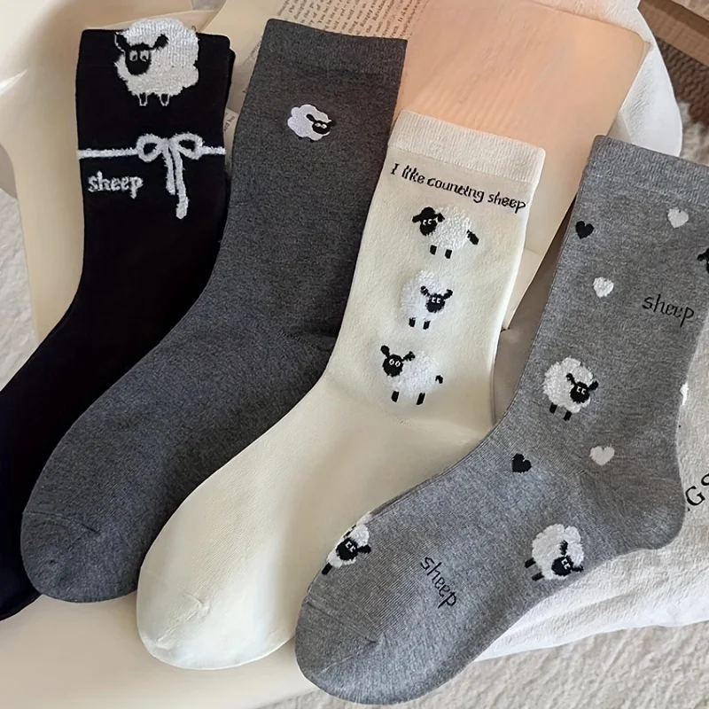4 Pairs Cozy Flocked Sheep Socks, Solid Color Mid-Crew Stackable Socks, Cute Ins Fashion for Women