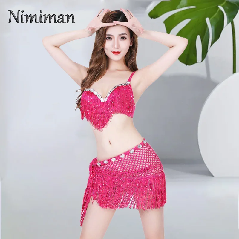 

Belly Dance Suit Tassel Hollowed Out Sequin Triangle Scarf Waist Chain Hip Scarf Tassel Bra Set Bikini Performance Evening Dress