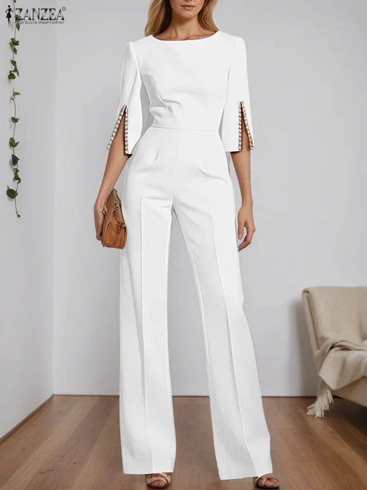 

ZANZEA 2025 элегантные женские длинные комбинезоны, летние однотонные комбинезоны с жемчугом, модные повседневные вечерние офисные уличные комбинезоны с рукавами 3/4