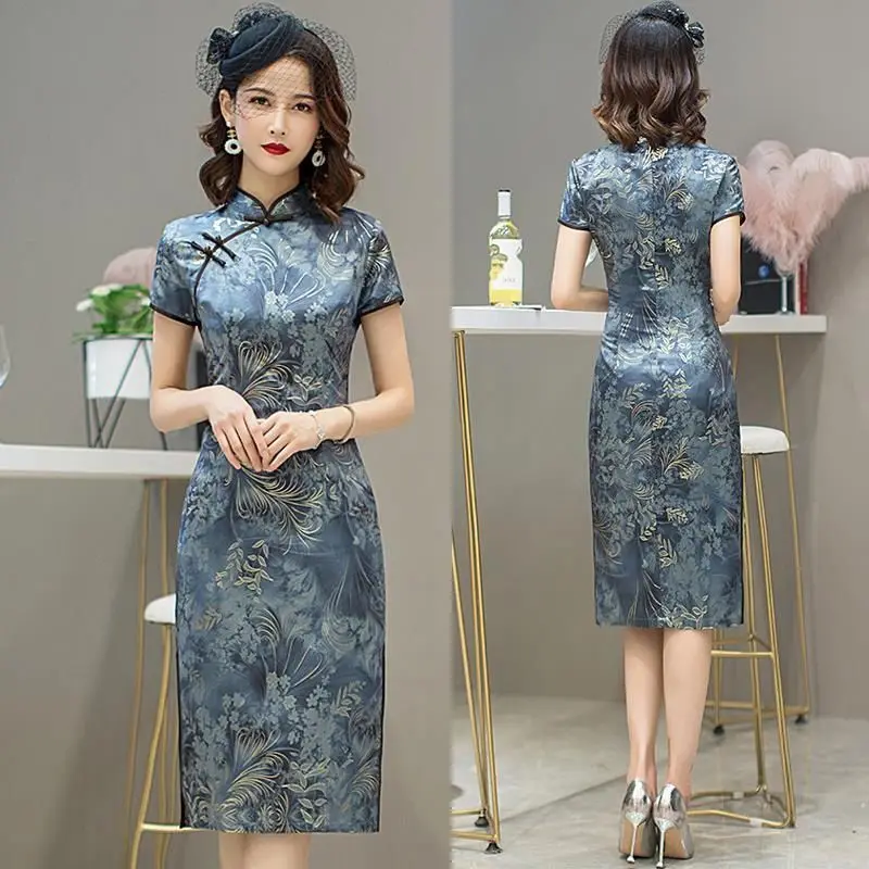 

Современный китайский стиль с коротким рукавом и принтом Cheongsam, повседневное летнее винтажное новое высококачественное улучшенное платье Ципао для женщин