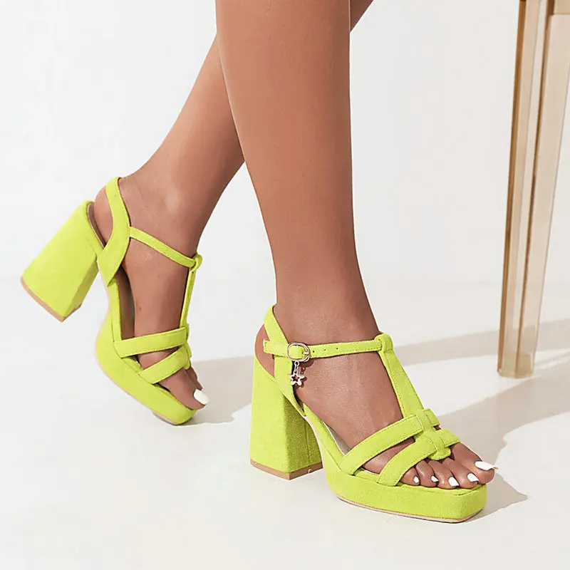 2022 New Bright Orange Neon Green Open Toe T-strap Bandage Shoes For Adult Summer Platform Chunky Heels Gladiators Sandals Women