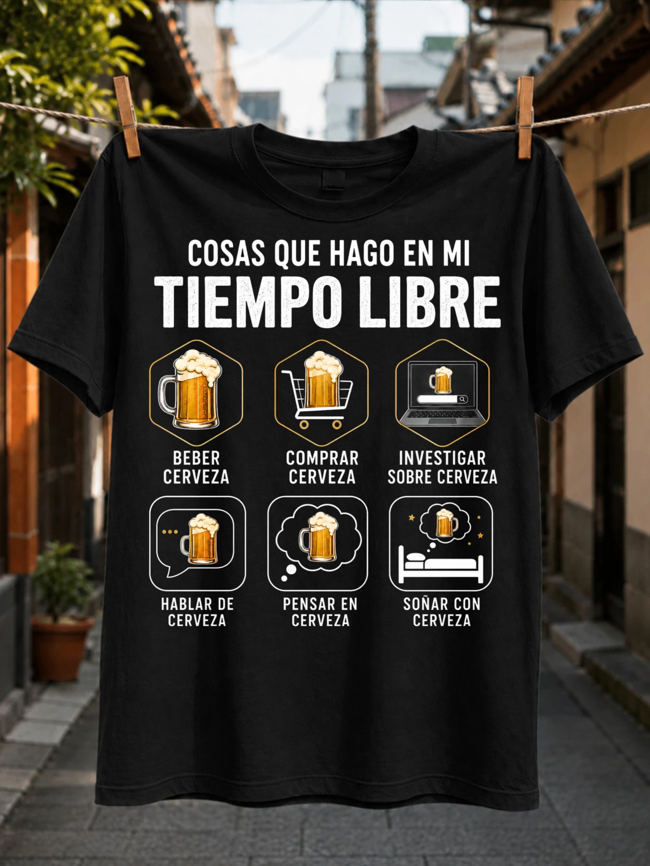 Spanish Beer Free Time with hexagon beer icons shopping cart laptop search speech bubble bed and  Unisex All T-Shirt