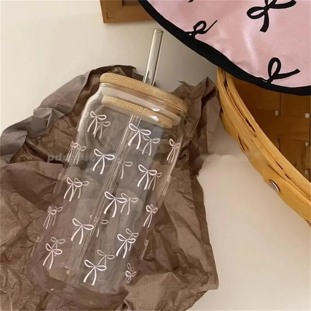 

New Butterfly Printed Glass Cup Girl Heart Fresh Straw Cup With Bamboo And Wooden Lid Coffee Student Milk Cup