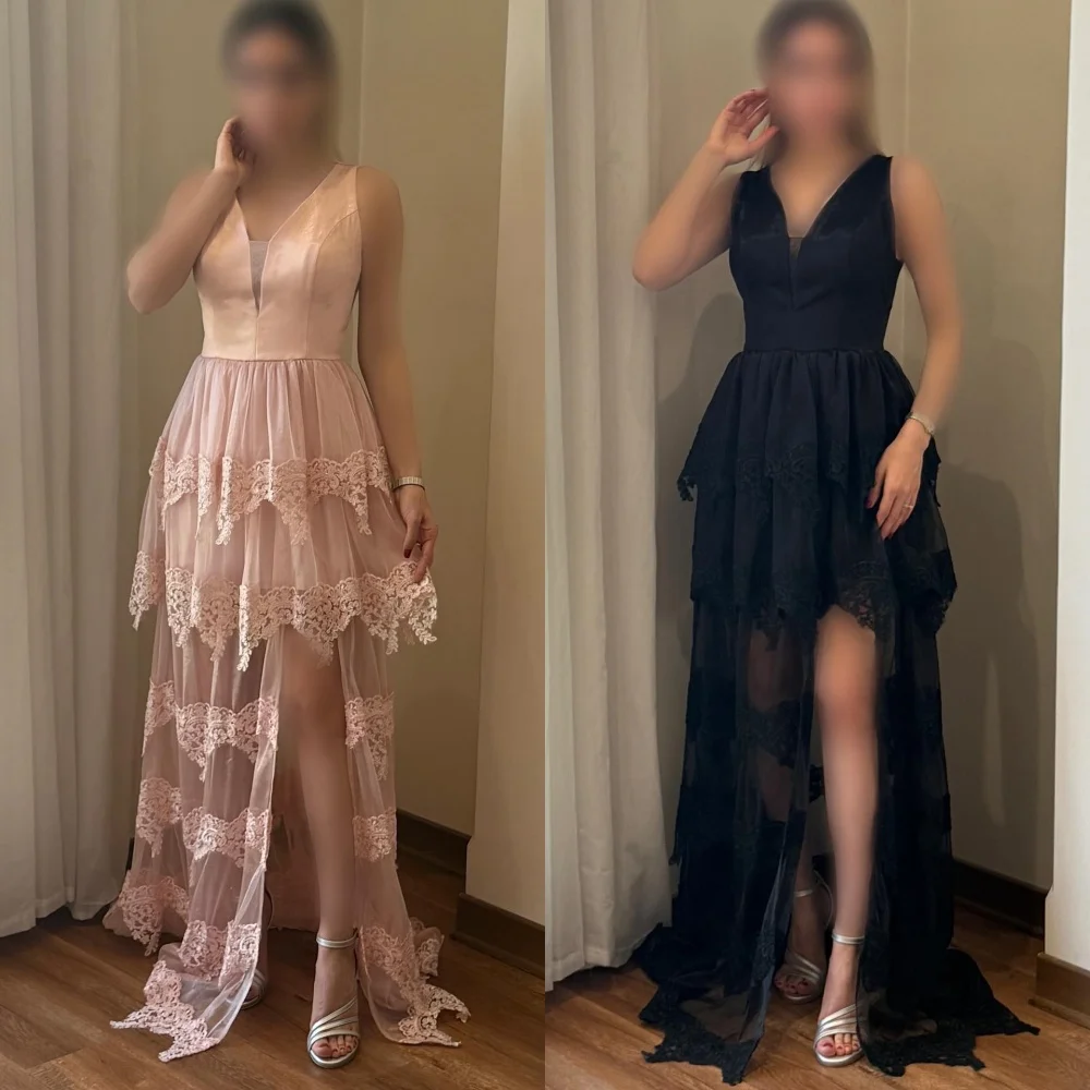 

Customized Matching Exquisite Tulle Pleat Tiered Lace A-line V-neck Long Dresses Bespoke Occasion Dresses Elegant Classic Retro