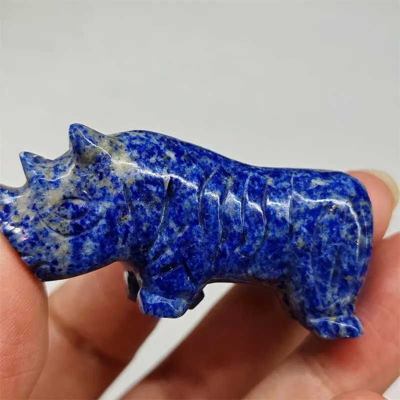 Natural Blue Sodalite Rhinoceros Carving Reiki Crystal Figurine Crystal Carving Statue Crafts Home Decorat 1PCS