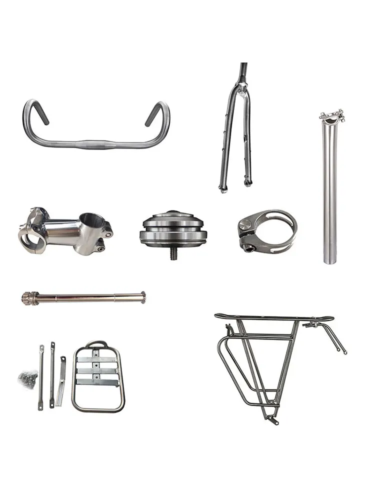 Titanium Gravel Bike Parts 9 Pieces, Handlebar, Fork, Stem, Seatpost, Clamp, Headset, Thru Axle, Front Rack, Rear Rack