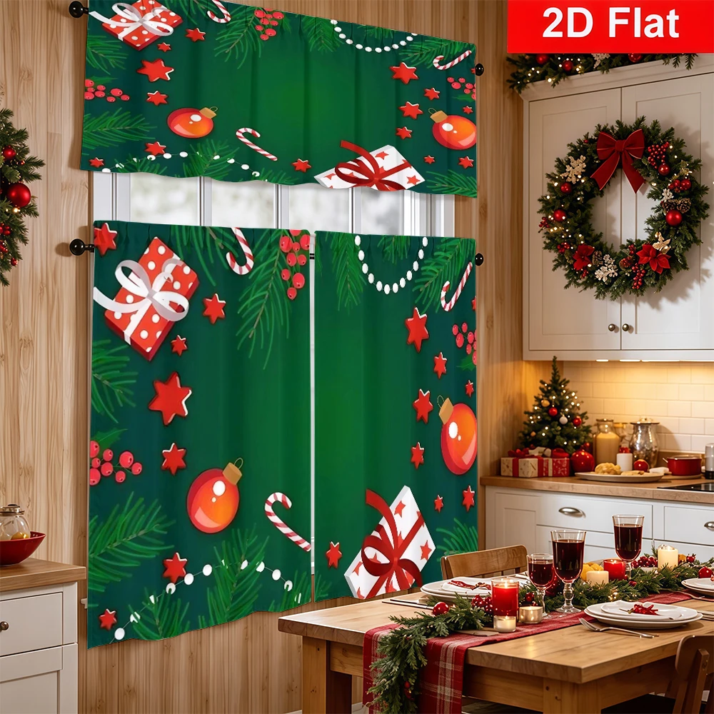 Christmas Kitchen Curtains, Gift Star Pine Corner, Digital Print, Kitchen Dining Room, Rod Pocket Polyester, Home Decor