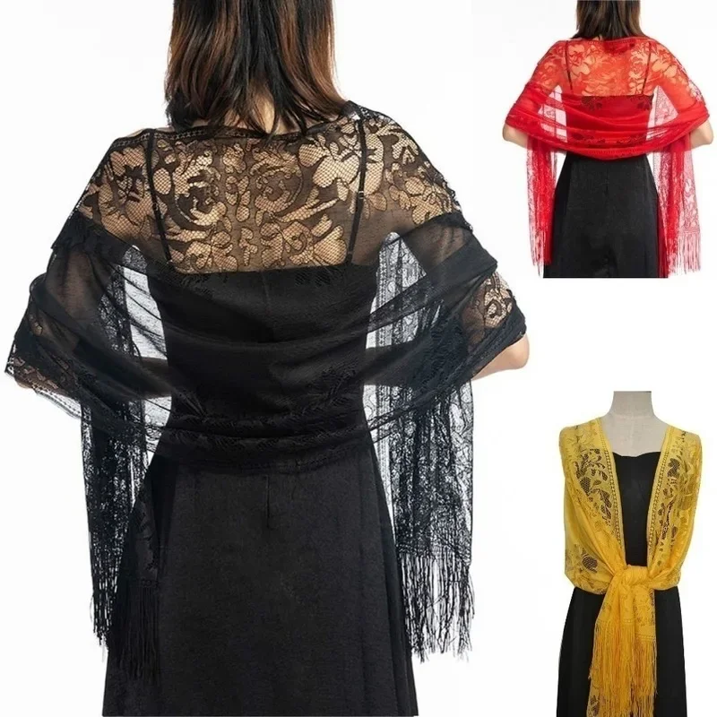 Women Solid Party Evening Lace Shawl Scarf Elegant Lace Sheer Hollow Tassel Scarves Wraps Foulard Femme Mesh Yarn Wedding Shawl