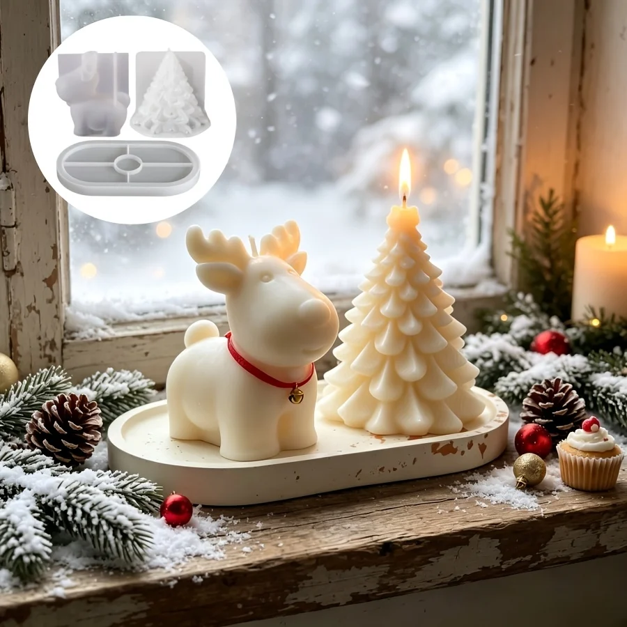 Clay Silicone Mold 3pcs Set: Christmas Deer, Christmas Tree Candle, And Oval Tray, Suitable for Making Epoxy Plaster Candles ,