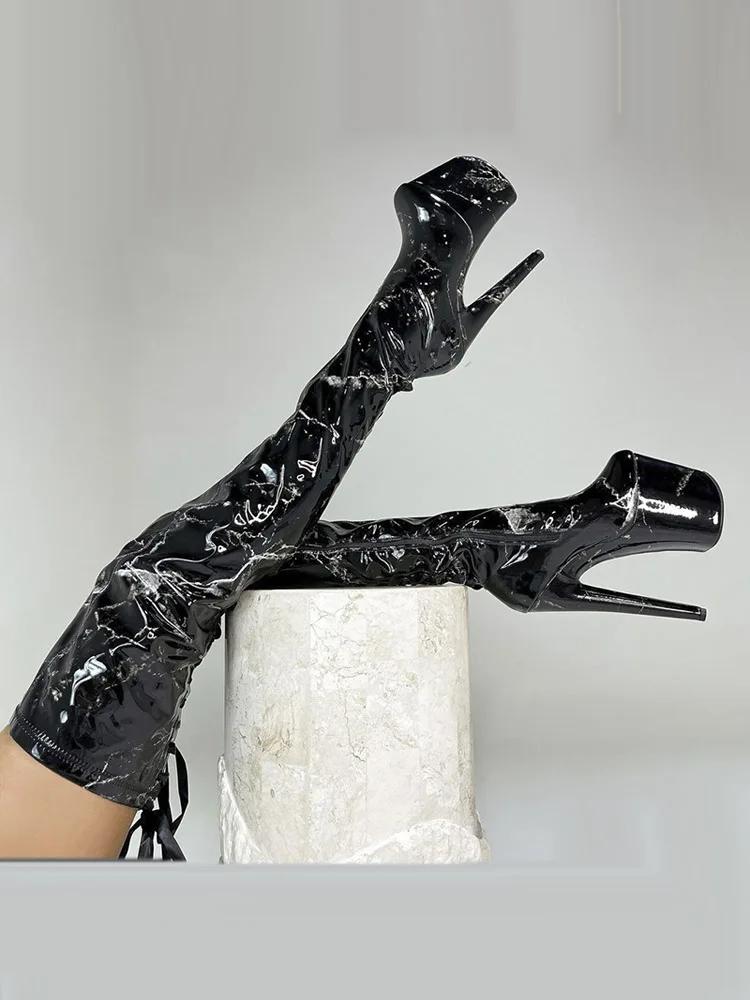 Sexy Over The Knee Boots Fetish Shoes 20cm Lace Up Platfor Patent Leather Stripper Heels Pole Dance 8inch Exotic Dancer New