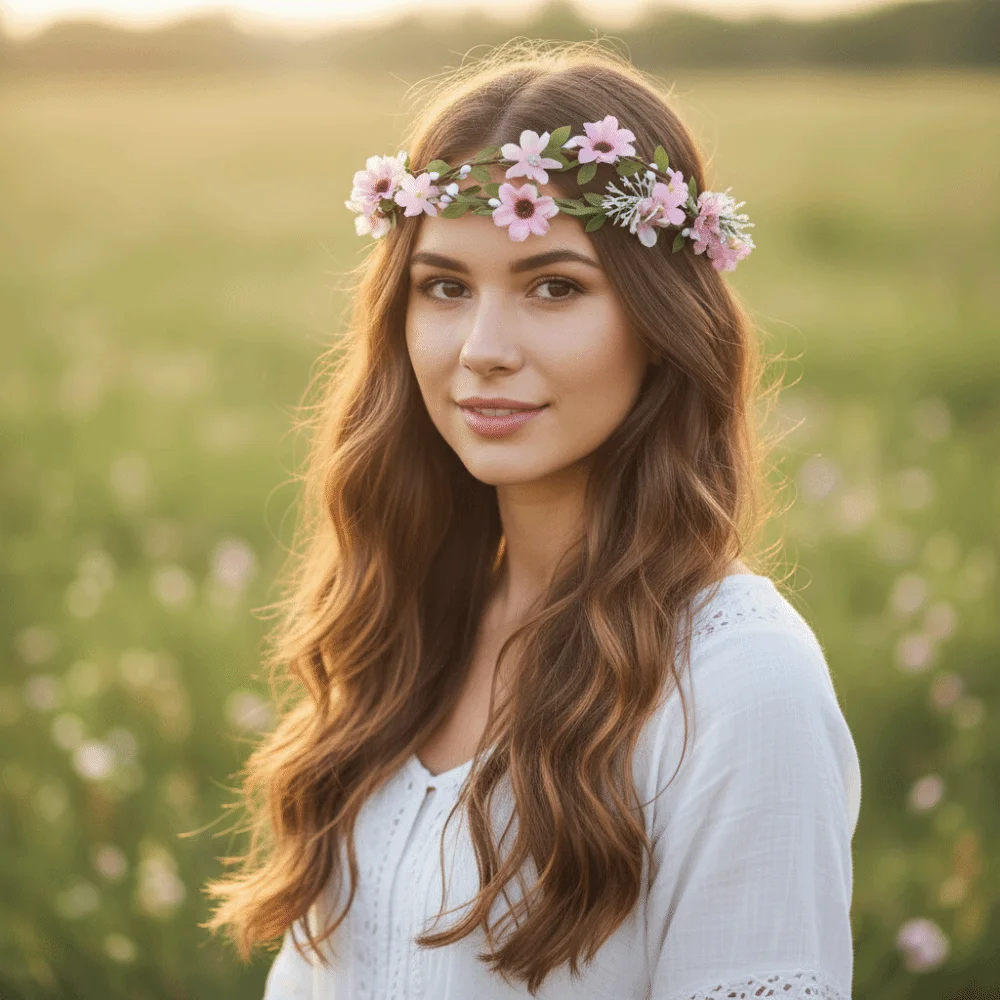 إكسسوارات الشعر إكليل الزهور البيضاء الوردي البوهيمي زهرة عقال شرابة طويلة محاكاة زهرة تاج الزفاف غطاء الرأس