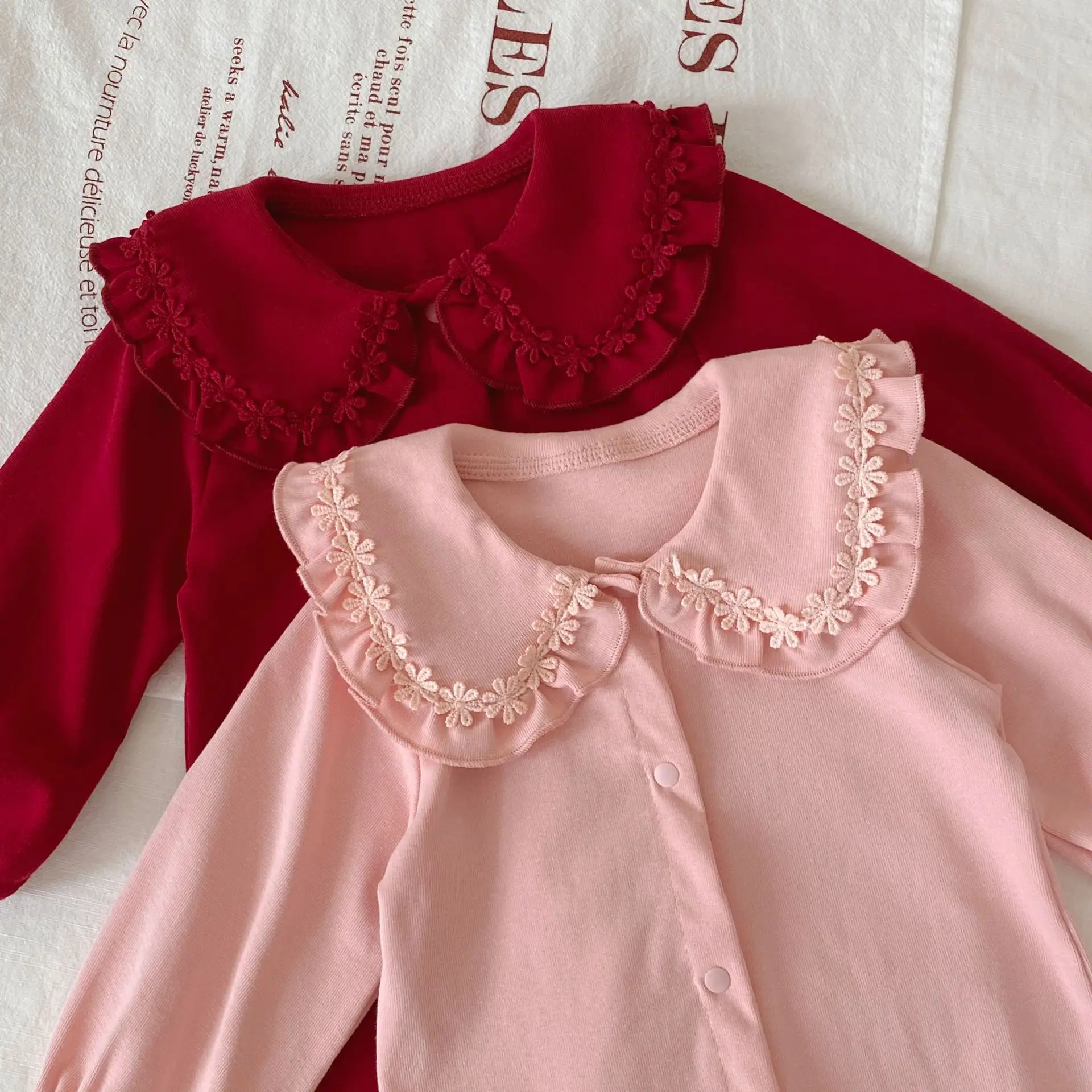 2025 Spring Autumn Winter Baby Long Sleeved Red Jumpsuit Baby Girls Hundred Day Spring and Autumn New Year Base Rompers