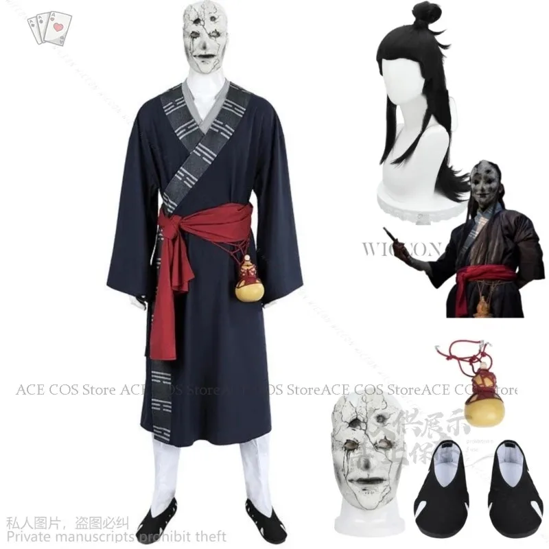 New2024 nuevo juego mito negro: Wukong Mi Taoist, disfraz de Cosplay, peluca, bata azul, uniforme, máscara, zapatos, conjunto completo, traje de Halloween para hombre adulto