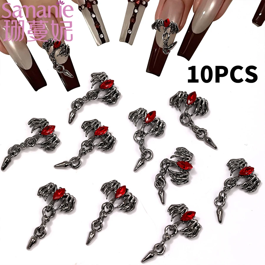 SANANIE 10Pcs 2026 New Dark Alloy Scorpion Design Nail Art Charms 3D Vintage Red Crystal Personality DIY Nails Accessories Craft